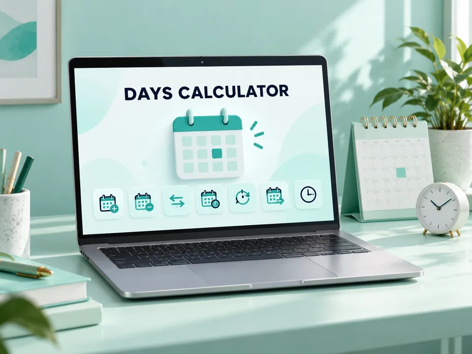 Days calculator illustration on a laptop beside a desk calendar and clock