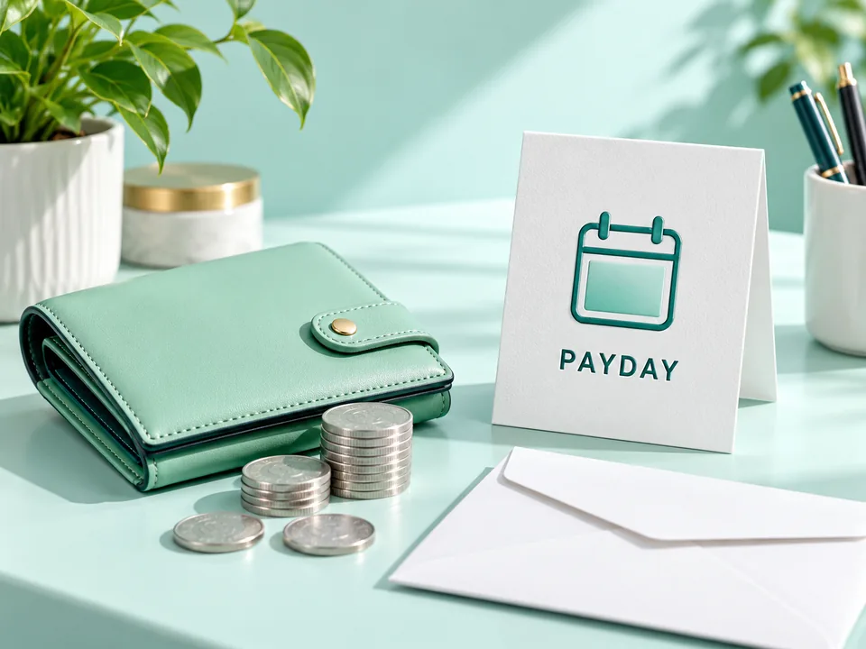 Payday calendar card beside a mint wallet, envelope, and a small stack of coins.
