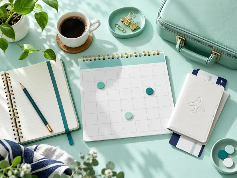 Study planner, project briefcase and travel ticket arranged around a mint desk calendar.