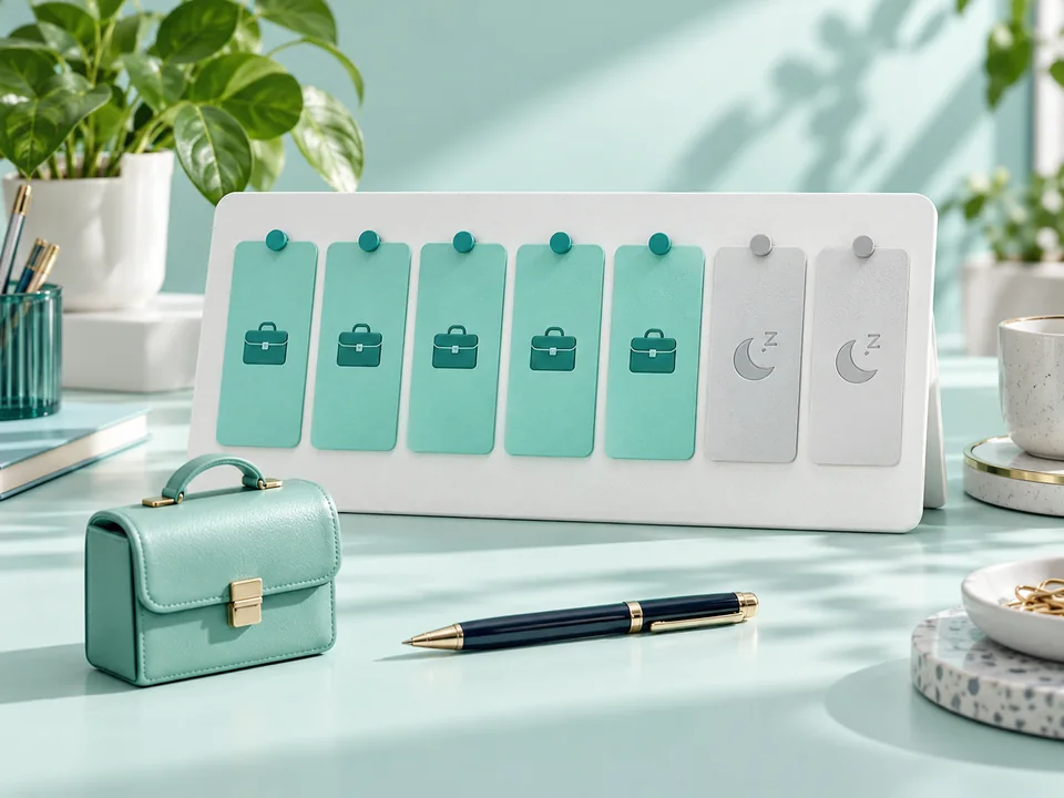 Weekly planner with five teal workday cards and two grey weekend cards beside a briefcase.
