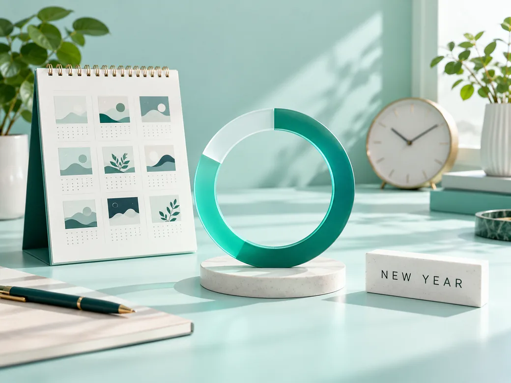 Year planner beside a circular teal progress display and a New Year calendar tile.