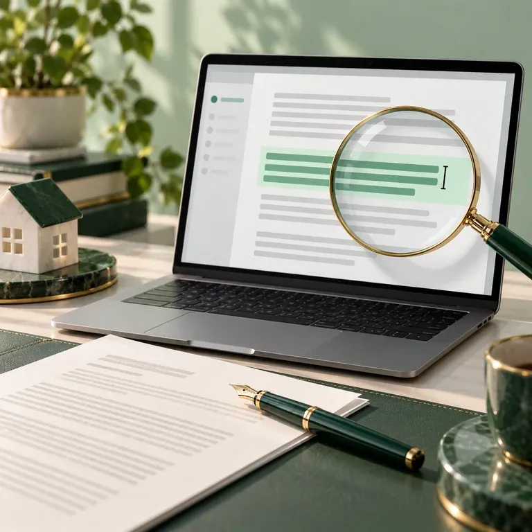 Document the canvas on a laptop with an emerald pen and a magnified paragraph representing direct wording edits.