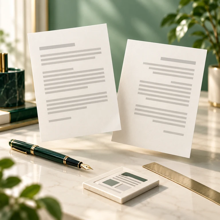Two abstract document pages with different text directions beside page-layout tools and an emerald pen.