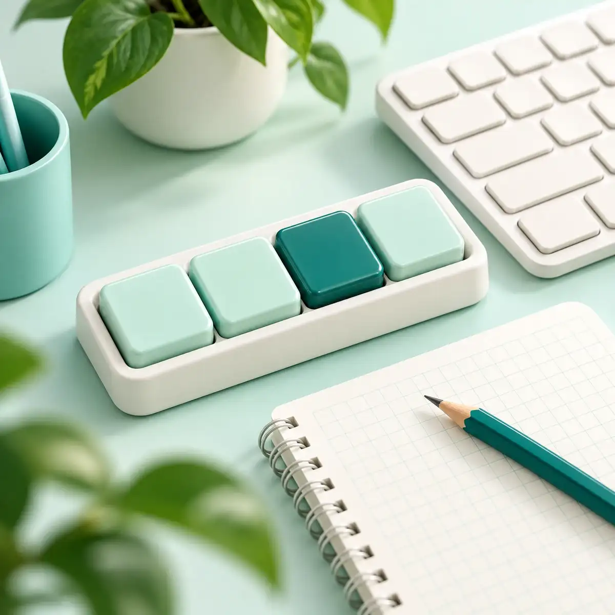 Four blank mint and teal input tiles beside a keyboard, gridded notebook, and pencil.