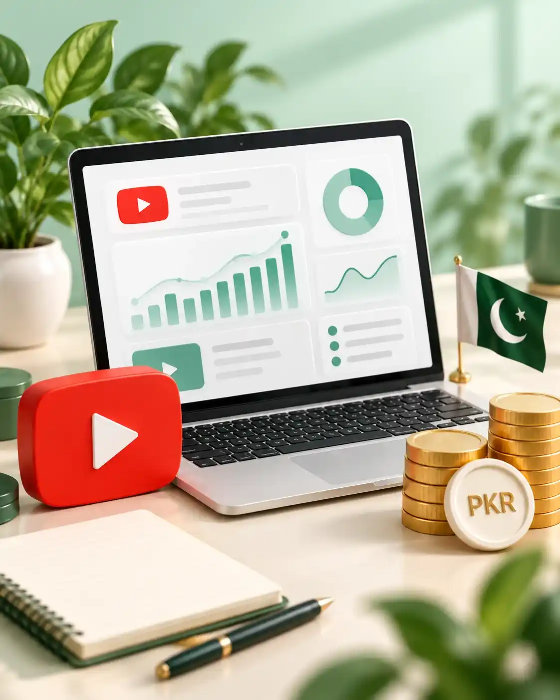 Laptop, video play symbol and PKR token on a Mint Creator workspace