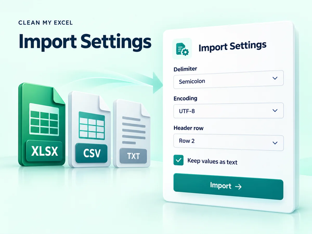 XLSX, CSV, and TXT files beside delimiter encoding and header import controls.