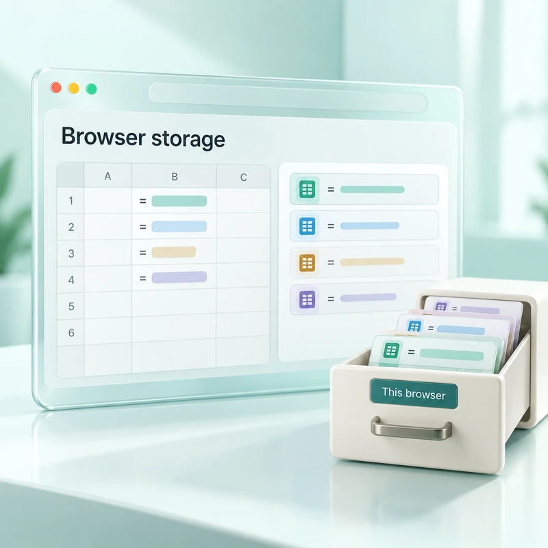 Browser storage panel with a spreadsheet and an archive drawer labeled This browser.
