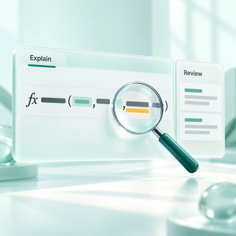 Explain the panel with highlighted formula elements and a separate review panel.