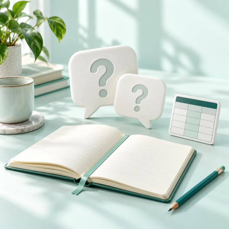 Question mark cards beside an open notebook and a small spreadsheet tile.