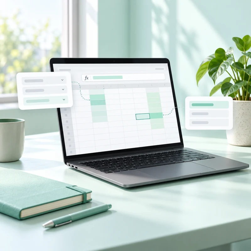 Mint workspace with a laptop showing a spreadsheet and formula entry bar.