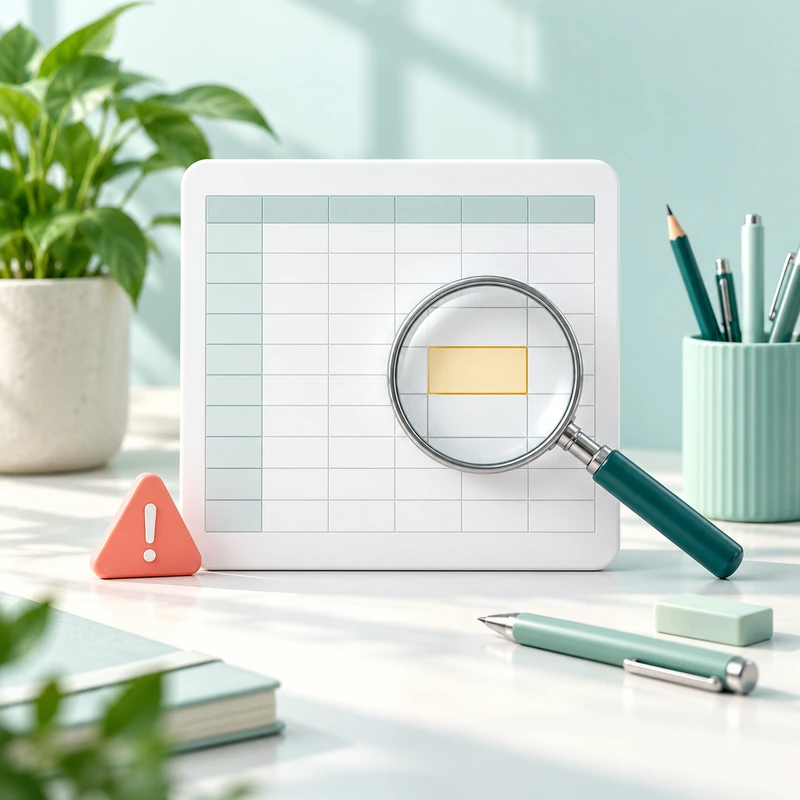 Spreadsheet card with a highlighted review cell beside a magnifying glass and editing tools.