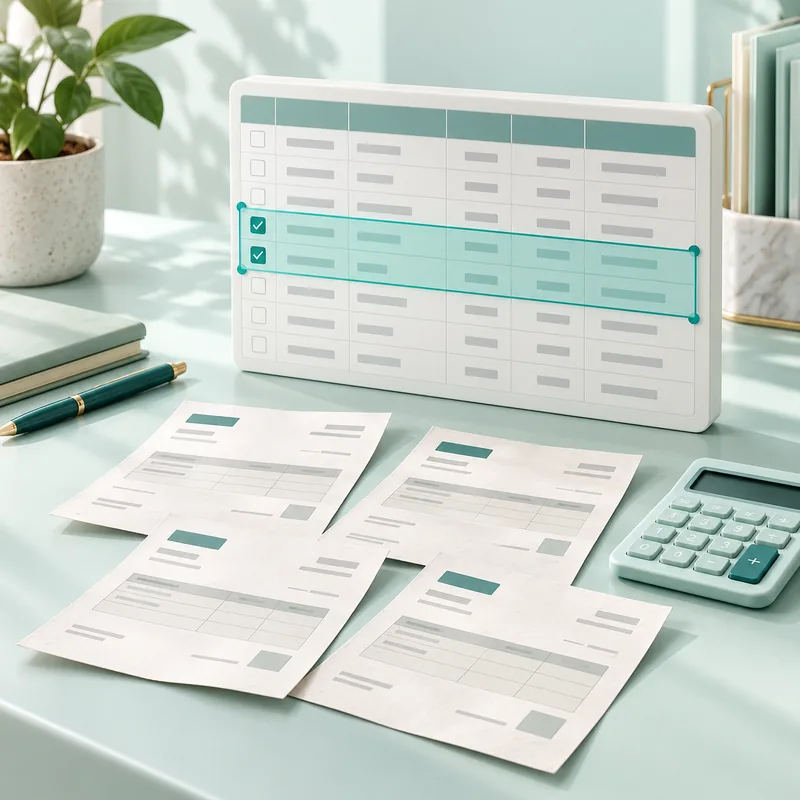 Illustrative invoice slips and a spreadsheet panel with selected rows beside a calculator.