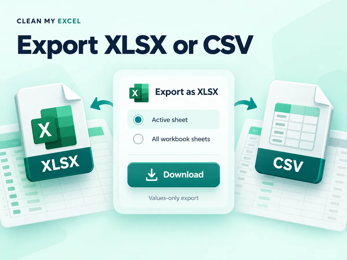 XLSX and CSV download options with active sheet and workbook export choices.