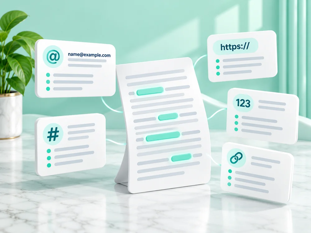 Document cards grouped with email, link, hashtag, and mention symbols.