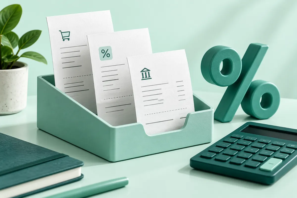 Receipt sheets, a percentage symbol and a calculator illustrating fees and tax deductions.