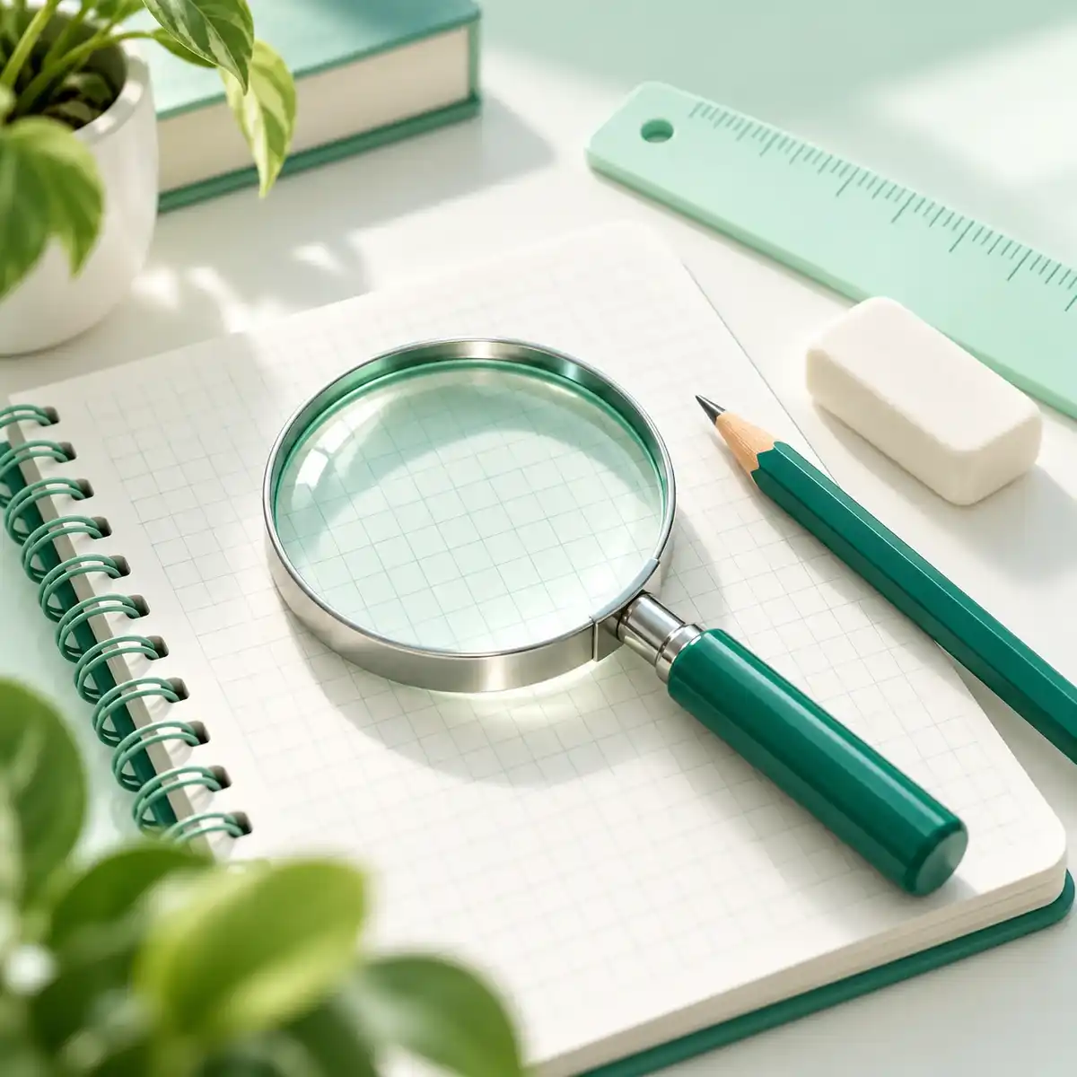 A magnifying glass over blank gridded paper beside a teal pencil, eraser, and mint ruler.