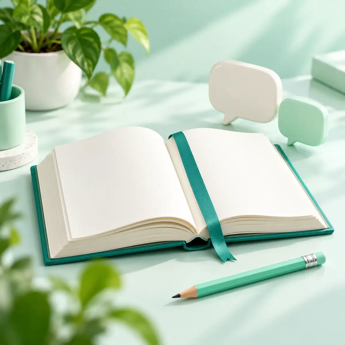 An open reference book, blank speech-shaped ceramic objects, and a teal bookmark on a mint desk.