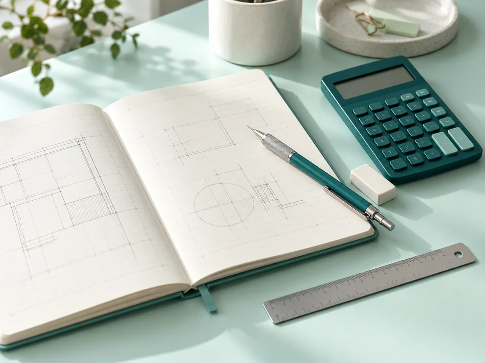 A calculator, pencil, and ruler beside a notebook of measurement sketches.