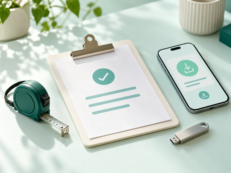 Clipboard and phone with a download symbol beside a tape measure and USB drive.