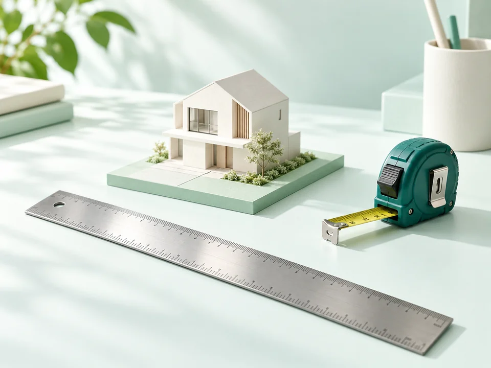 Ruler and tape measure beside a house model on a square plot base.