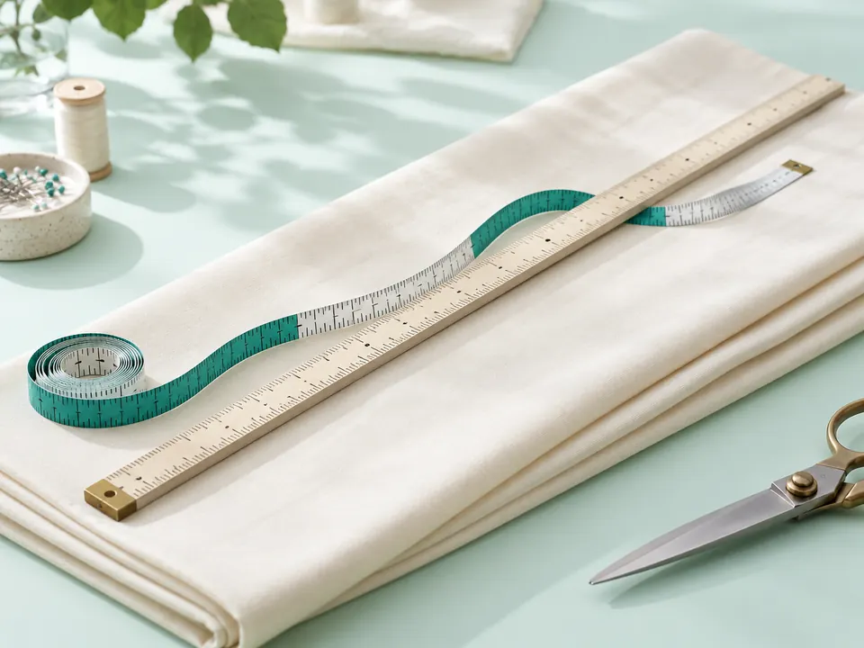 A wooden measuring stick and teal tailor tape laid along cream fabric.