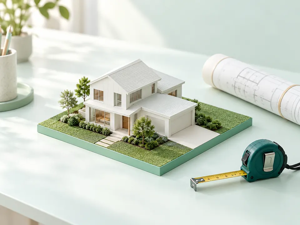 Architectural house model on a square parcel with plans and a tape measure.