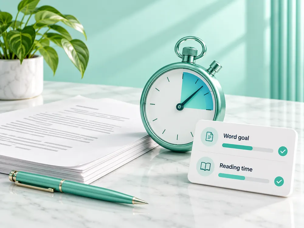 Mint writing goal progress card beside a timer and a short script document.