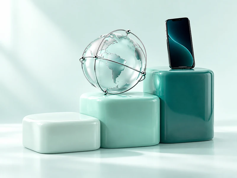 Phone on mint steps beside a translucent globe