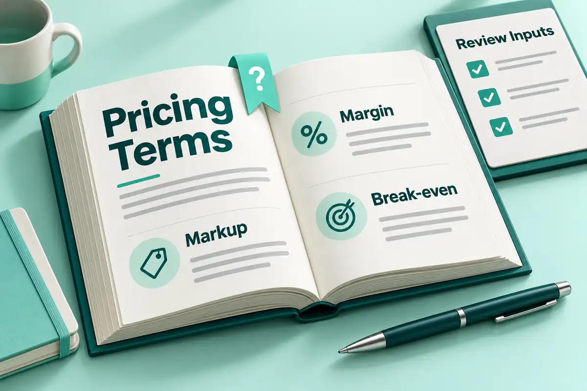 Pricing Terms handbook explaining markup, margin, and break-even beside a Review Inputs checklist.