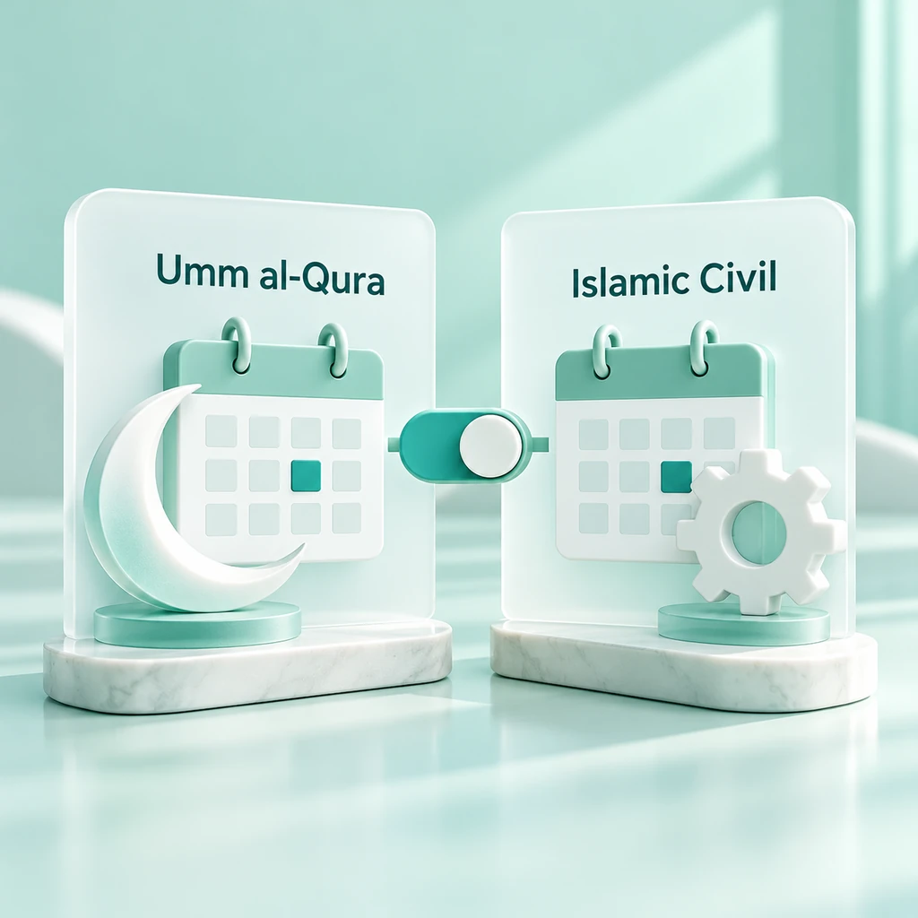 Umm, al-Qura and Islamic civil calendar method cards are connected by a selection switch.