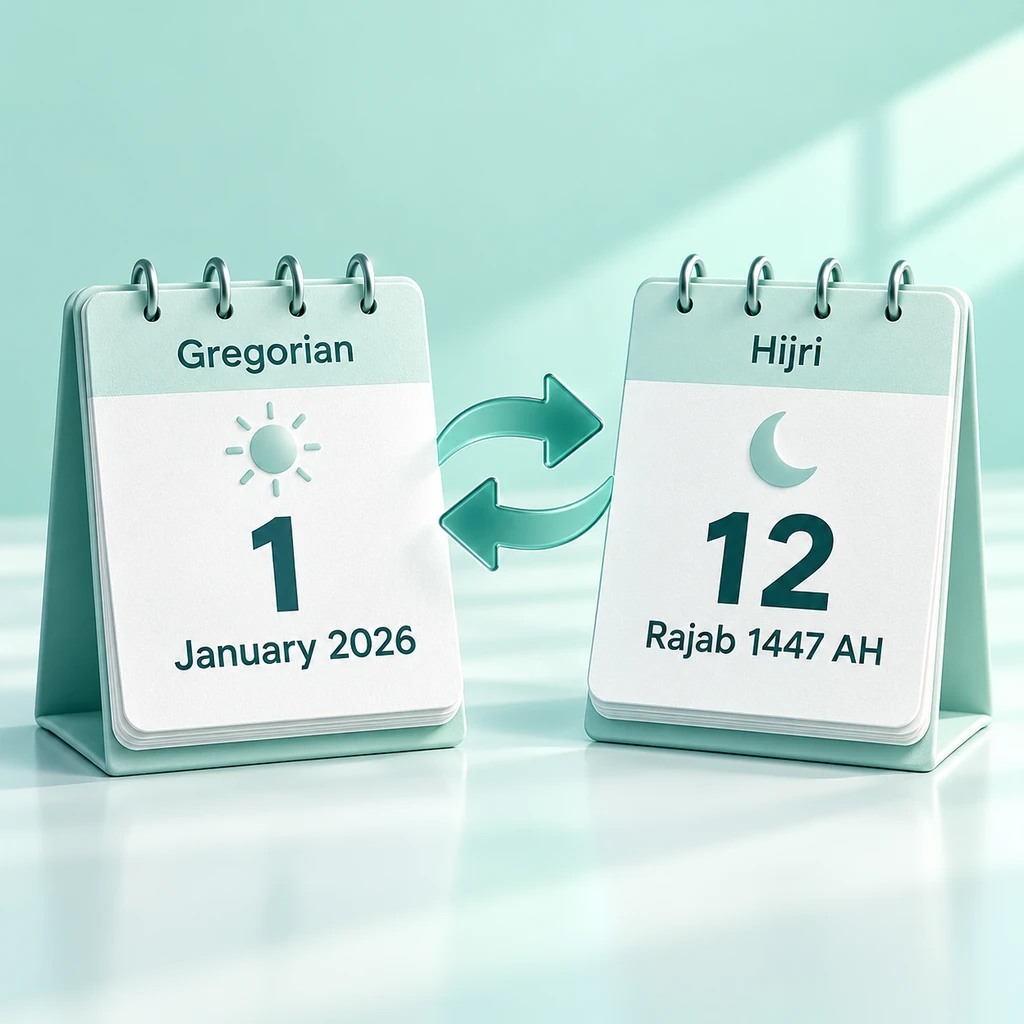 Gregorian and Hijri calendars showing 1 January 2026 and 12 Rajab 1447 AH with arrows in both directions.