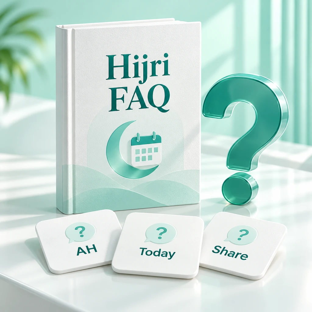Hijri FAQ handbook and question cards for AH, Today, and Share beside a teal question mark.