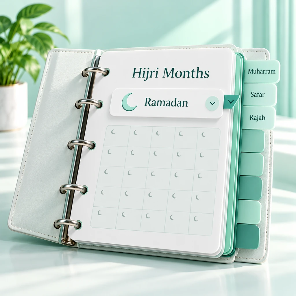 Hijri month organizer with Ramadan selected and tabs for Muharram, Safar, and Rajab.