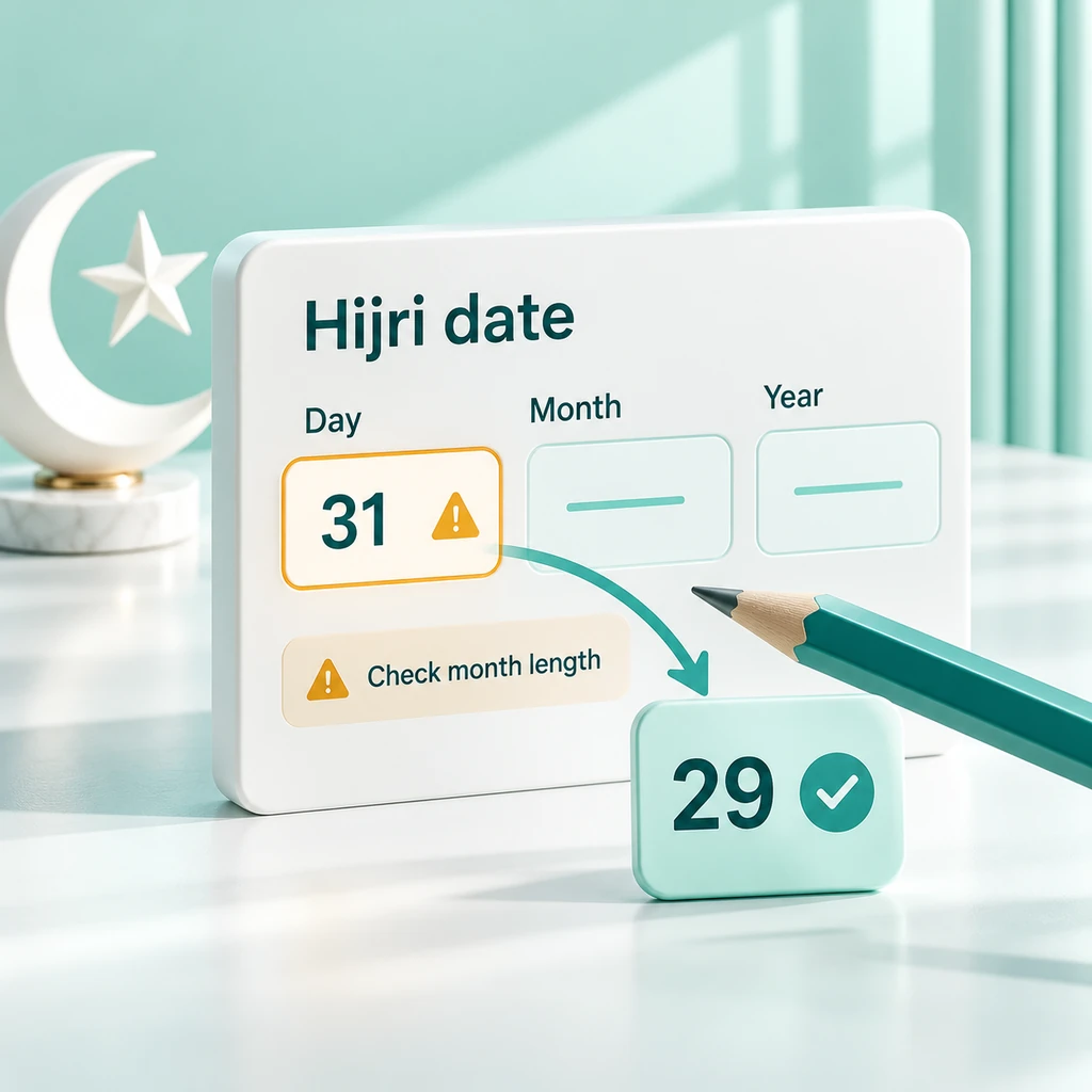 Hijri day entry of 31 flagged for a month-length check beside a replacement day of 29.