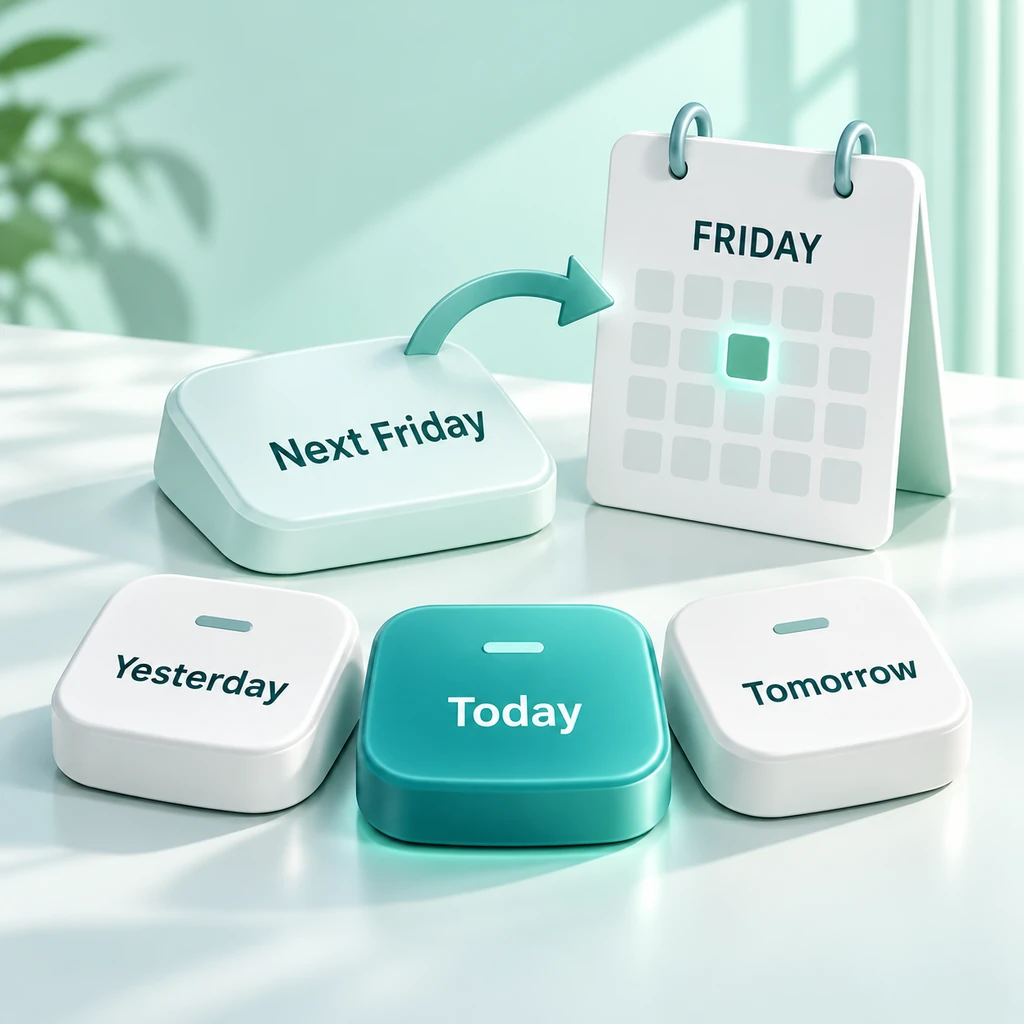 Yesterday, today, tomorrow, and next Friday shortcut keys beside a Friday calendar.