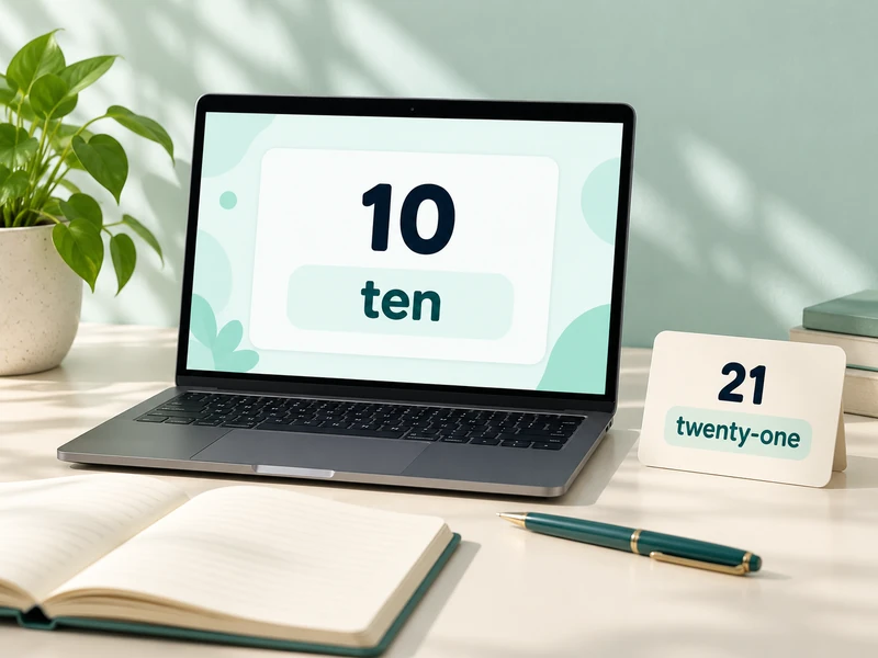 Laptop showing 10 spelled ten beside a twenty-one learning card.