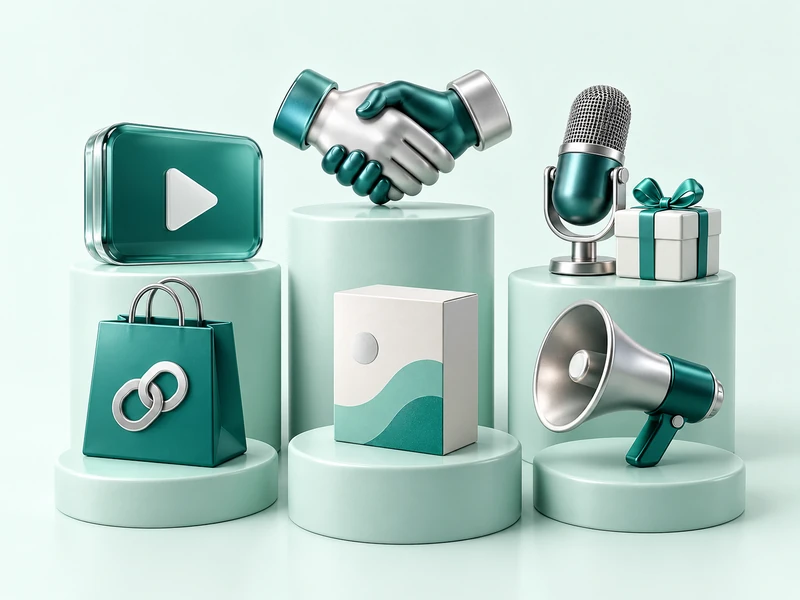Six studio props representing creator rewards, sponsorships, gifts, affiliate links, products and shoutouts