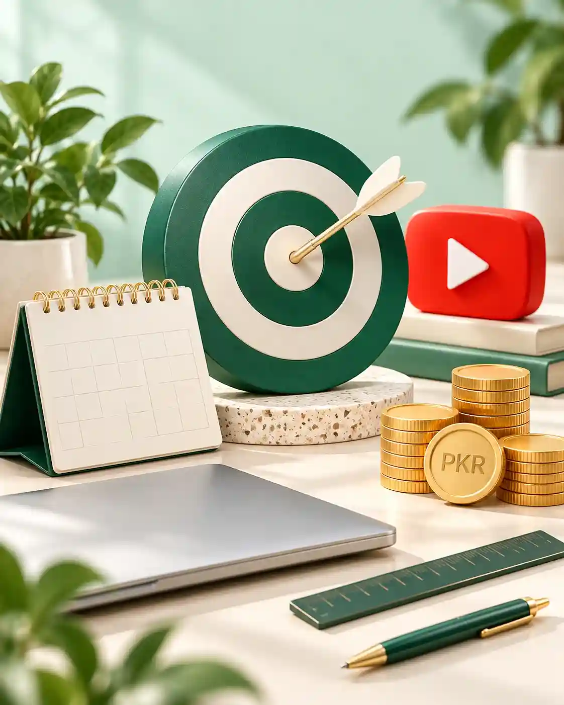 Mint target, calendar and notebook representing monthly income planning