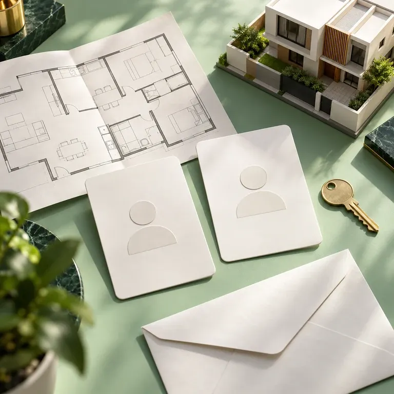 Anonymous profile cards, a floor plan, a house model, and a brass key arranged on a desk.
