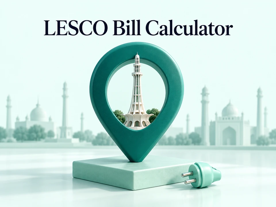 Teal location pin framing Minar e Pakistan for the LESCO calculator section
