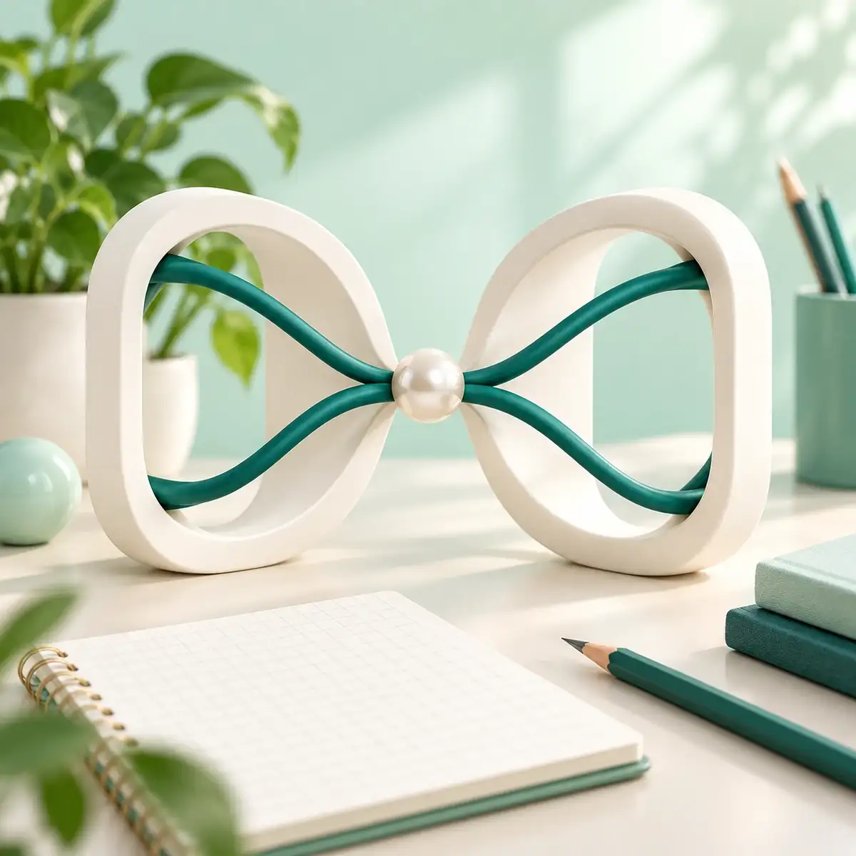 Teal cords meeting at a pearl bead inside white sculptural frames above a notebook.