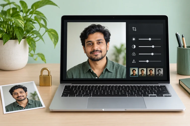 Laptop displaying a portrait with a small padlock and matching print beside it.