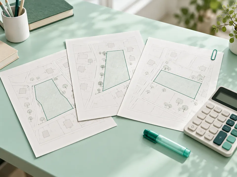 Land measurement sheets and a calculator are arranged on a mint desk.