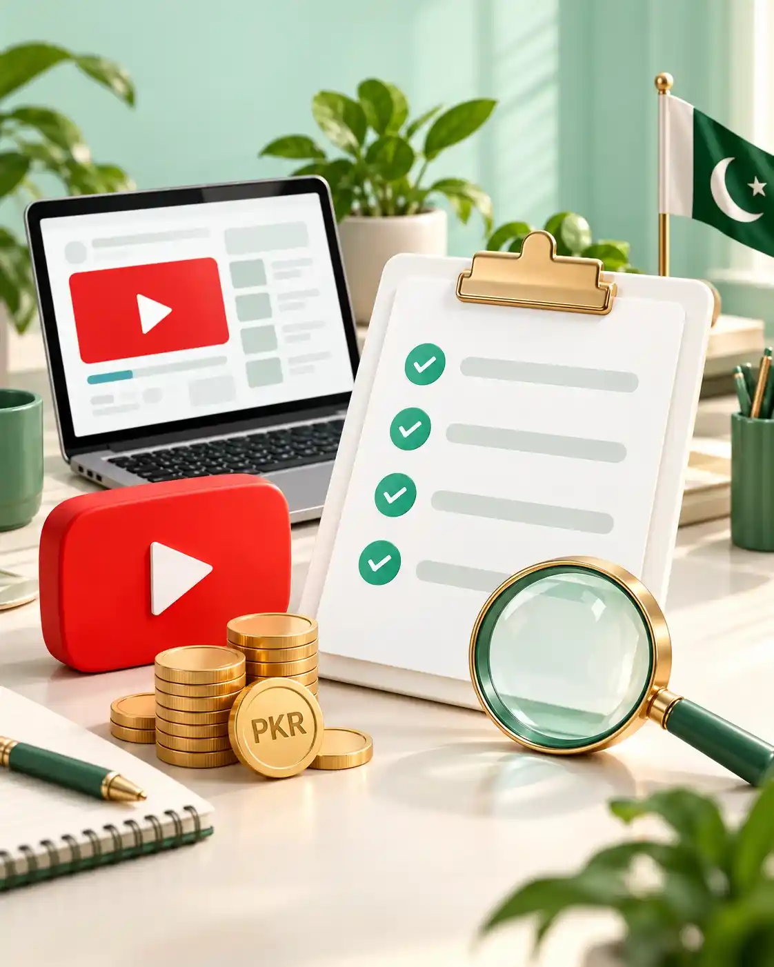 Checklist and magnifying glass beside a video screen representing application review