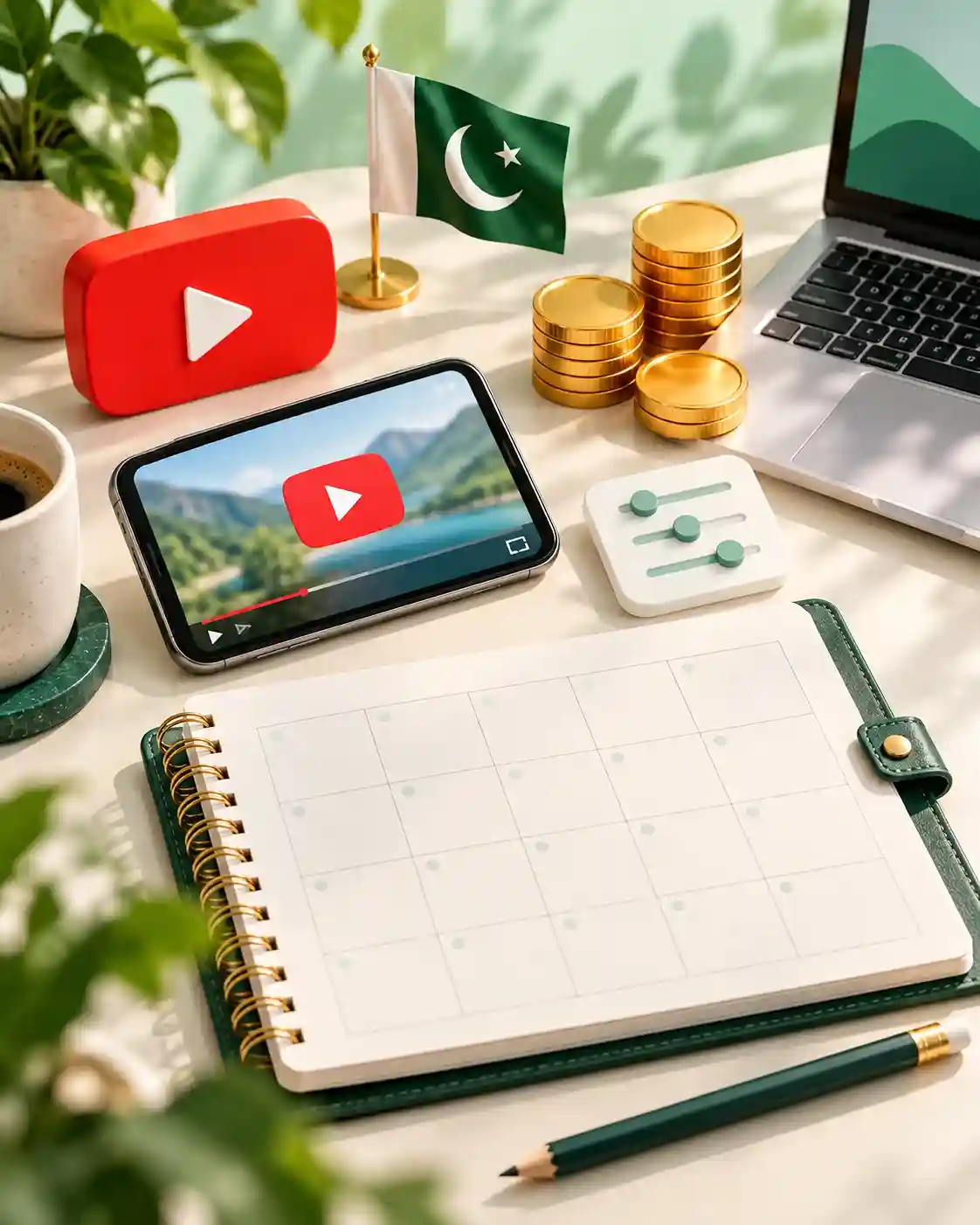 Monthly planner, video screen and pencil arranged on a creator desk