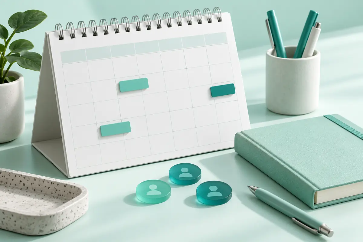 Monthly planning calendar with client appointment tabs and a freelance planning notebook.