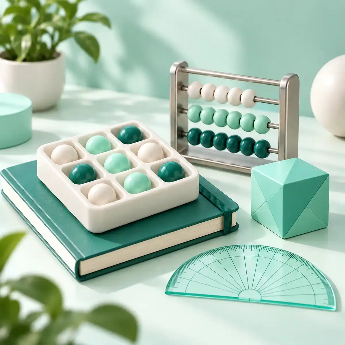 A ceramic bead organizer, abacus, geometric cube, and protractor beside a teal notebook.