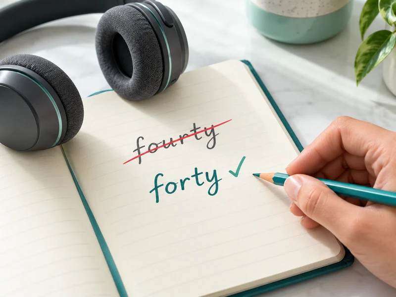 A pencil correcting fourty to forty in a notebook beside headphones.