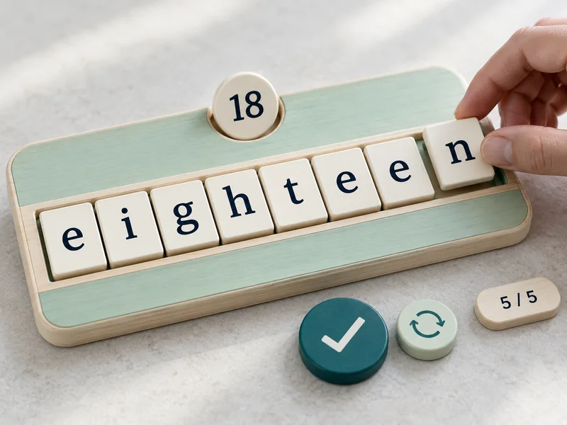 A hand completing eighteen with letter tiles on a spelling practice board.
