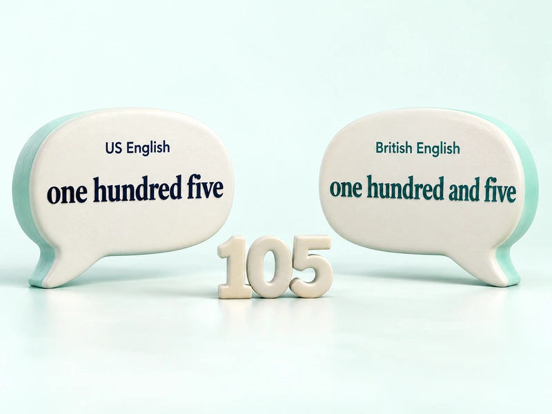 Two speech bubbles compare US and British wording for the number 105.